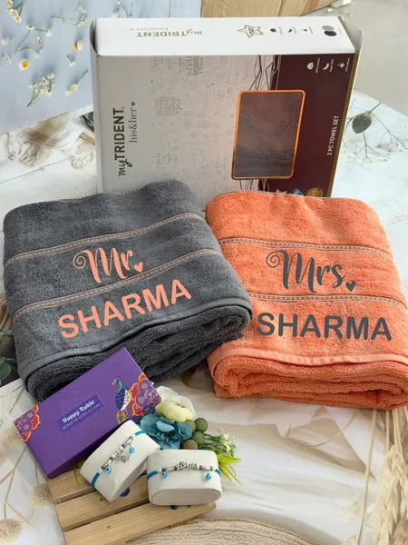 Premium Personalised Embroidered Trident Couple Towel Set with Rakhi | 100% Cotton | Luxury Box Packaging thumbnail 3