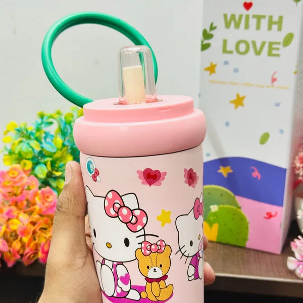 700ml Insulated Stainless Steel Kids Tumbler with Sipper & Handle | 3D Cartoon Print | Leak Proof Hot & Cold Bottle | Name Printing Available thumbnail 3