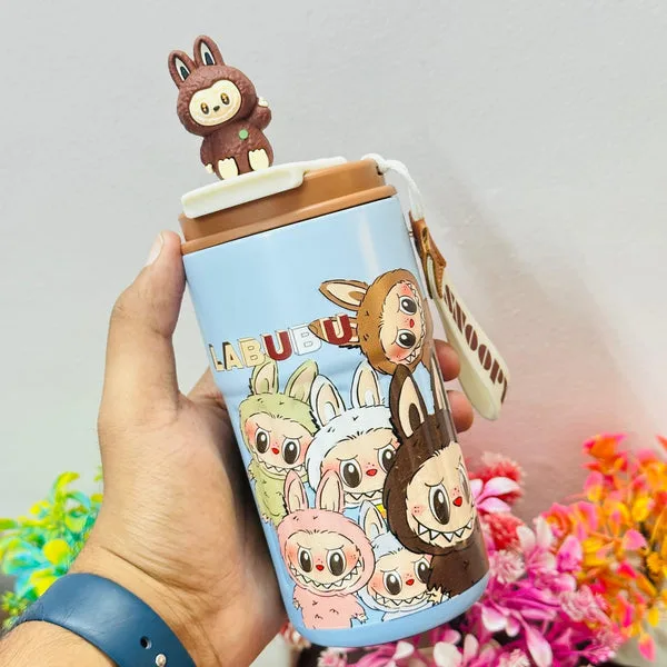 Labubu Theme 400ml Stainless Steel Insulated Coffee Mug with Lid & Hanging Belt | Inside-Out Steel | Compact Travel Mug thumbnail 2