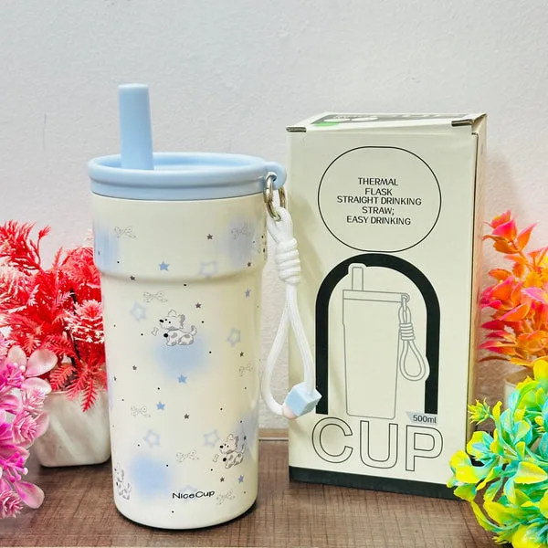 500 ML Cute Insulated Stainless Steel Tumbler with Straw & Keychain  Leak-Proof Pastel Travel Cup thumbnail 3