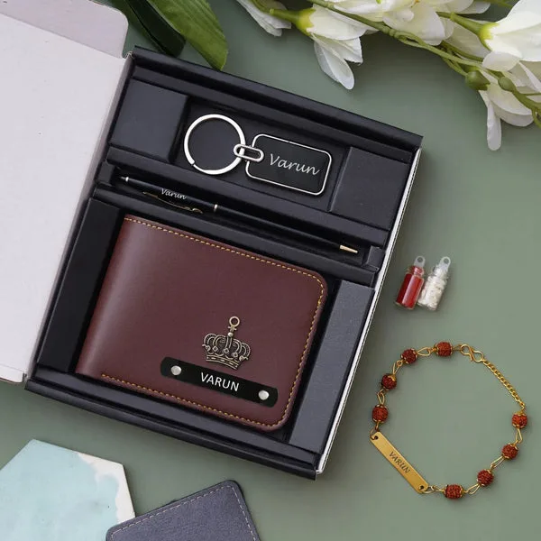 Personalized Indian wallet, Pen, and keychain with Rudraksh Rakhi thumbnail 2