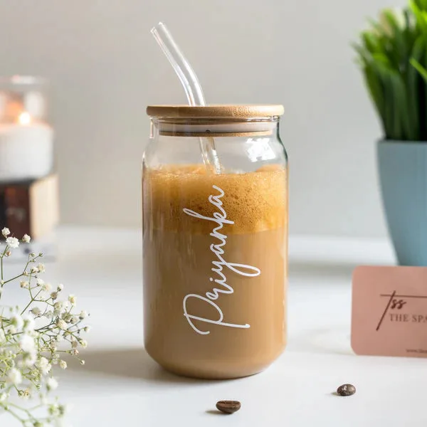 Personalized Can Glass Sipper with Wooden Lid & Straw thumbnail 2