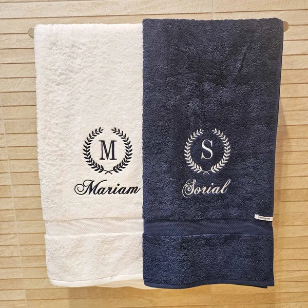Personalised Couple Towels Set of 2 (Black & White) | Custom Name Embroidered | 100% Cotton 600 GSM Soft & Absorbent Luxury Bath Towels thumbnail 1