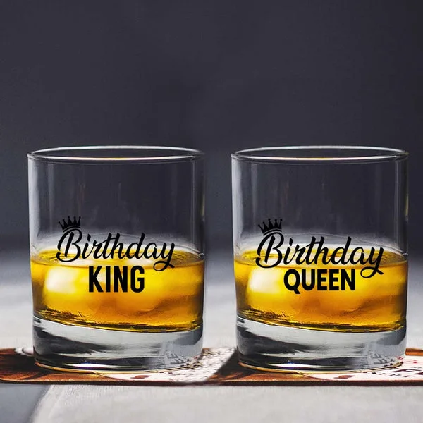Birthday King & Queen Printed Whiskey Glasses (300 ml) | Premium Transparent Drinkware | Royal Couple Gift Set for Him & Her thumbnail 2