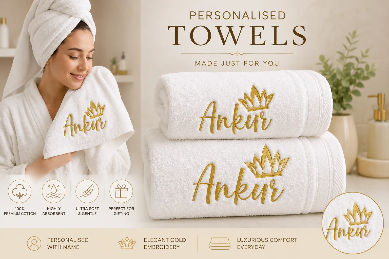 Personalized Name Embroidered Bath Towel with Crown Design thumbnail 2