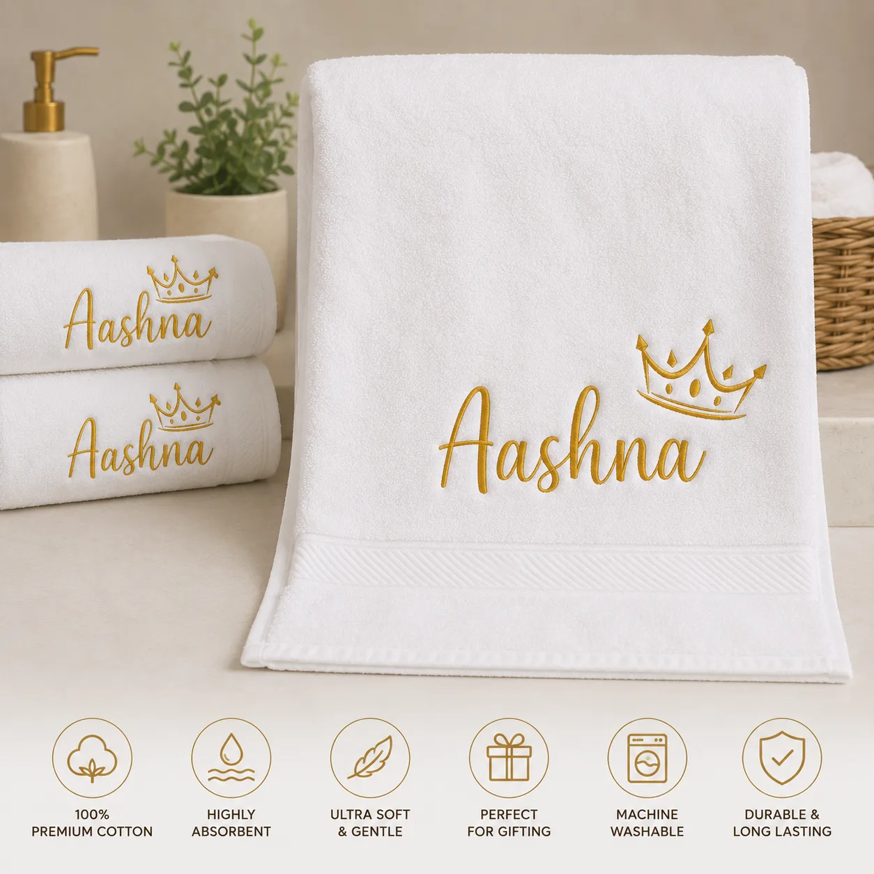 Personalized Name Embroidered Bath Towel with Crown Design | Custom Cotton Towel Gift thumbnail 3