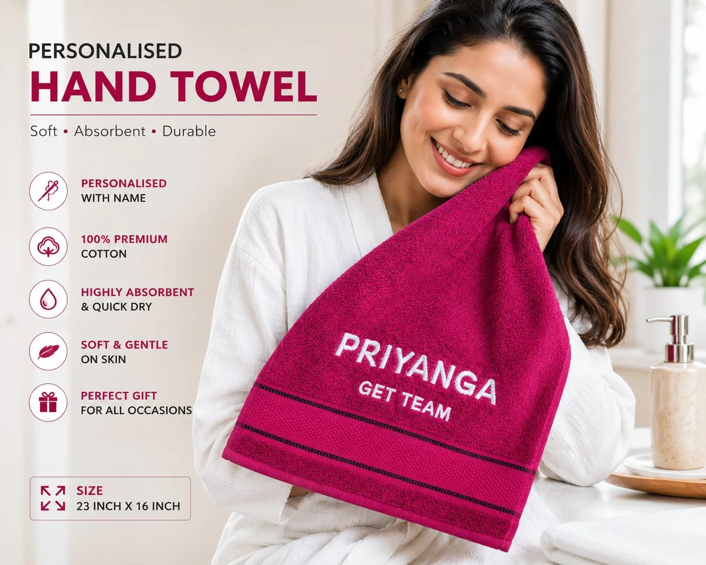 Personalised Hand Towel with Name Embroidery | 100% Cotton | 23 x 16 Inch | Custom Name Towel thumbnail 2