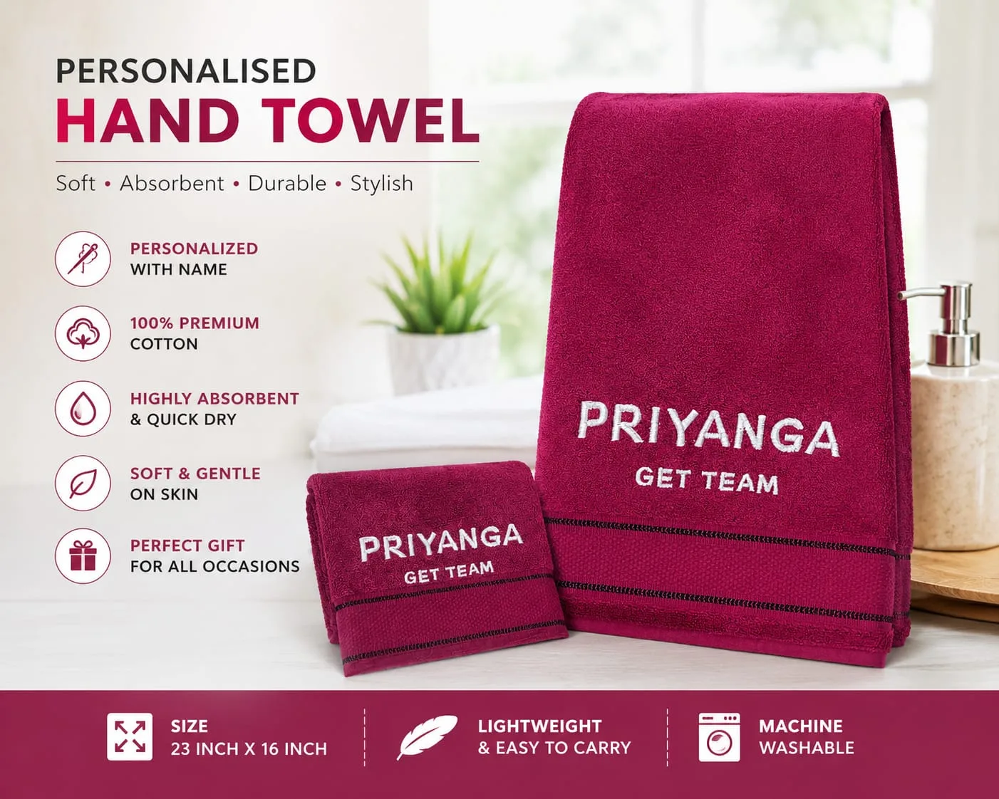Personalised Hand Towel with Name Embroidery | 100% Cotton | 23 x 16 Inch | Custom Name Towel thumbnail 4