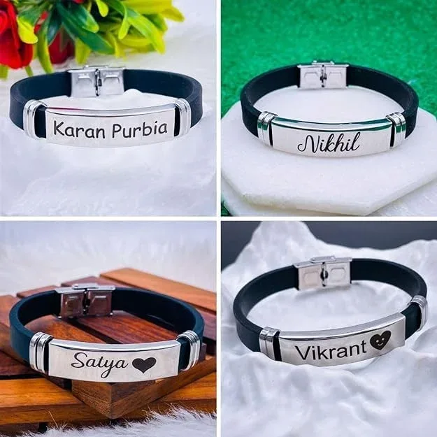 Custom Engraved Name Bracelet – Unisex Silver Finish Personalized Bracelet for Men & Women thumbnail 1