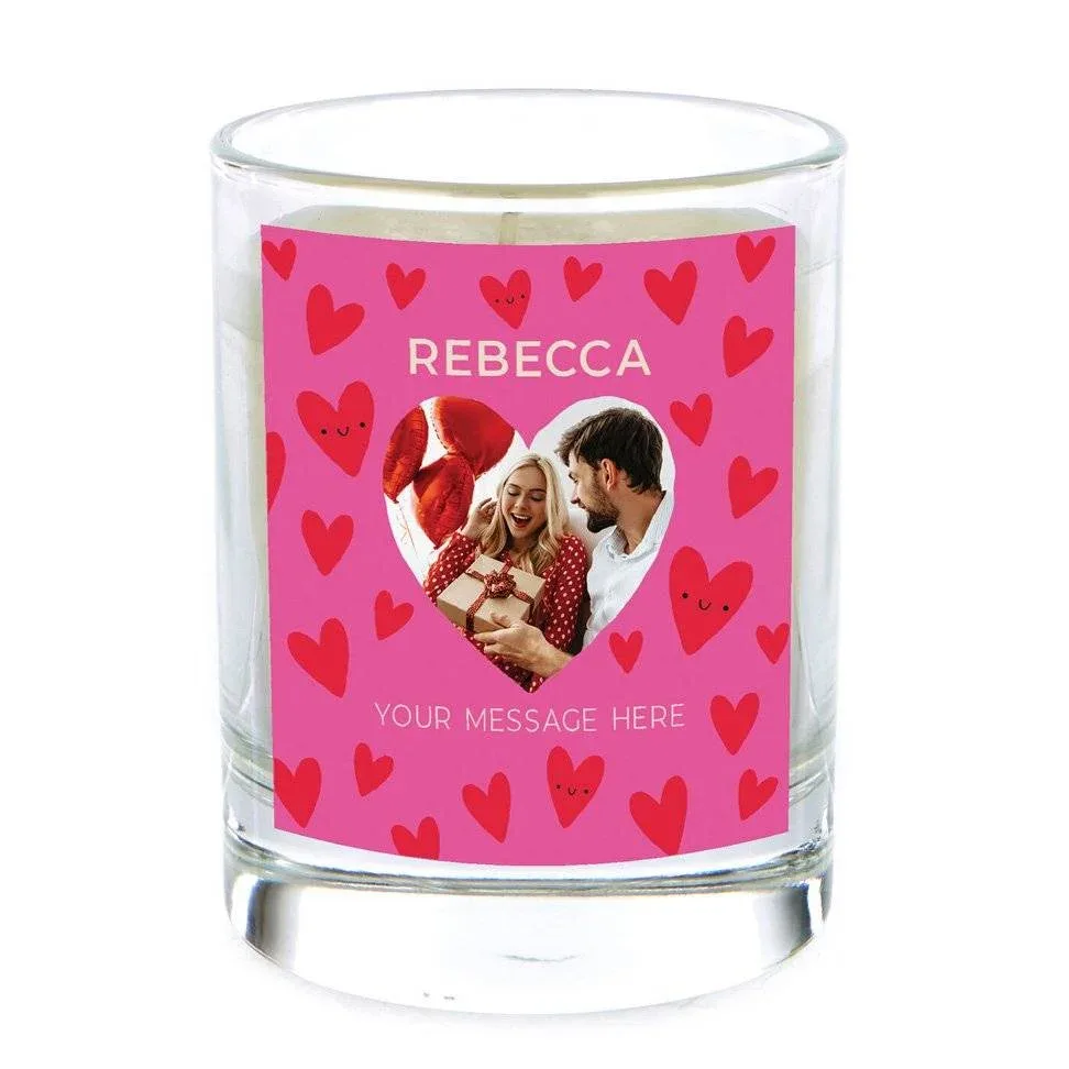 Personalised Cashmere Scented Candle – Pink Hearts Design with Name, Photo & Message thumbnail 1