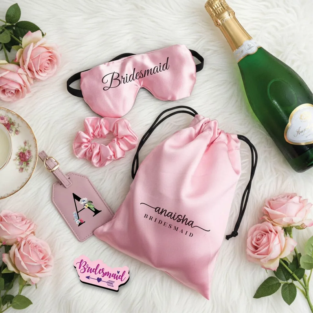 Personalized Bridesmaid Satin Gift Hamper – Bridal Squad Kit with Eye Mask, Scrunchie, Pouch & Luggage Tag thumbnail 1