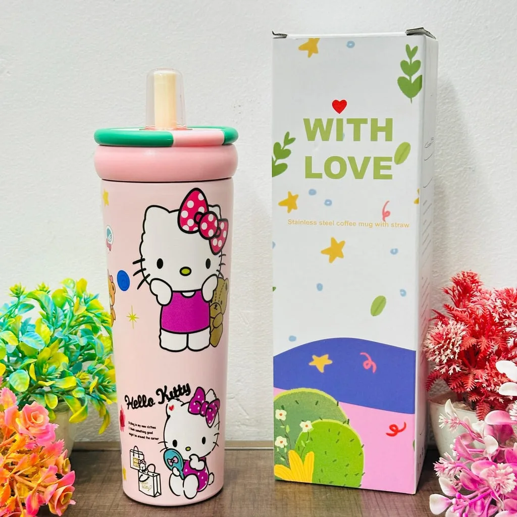 700ml Insulated Stainless Steel Kids Tumbler with Sipper & Handle | 3D Cartoon Print | Leak Proof Hot & Cold Bottle | Name Printing Available thumbnail 1