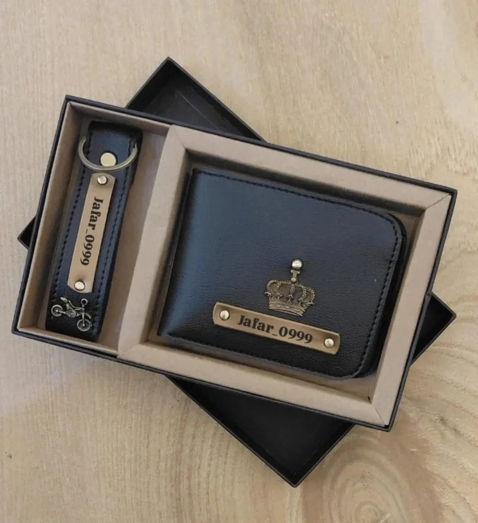 Personalized Men’s Wallet & Keychain Combo Gift Set | Custom Name Plate | Premium Faux Leather | Box Packing thumbnail 1