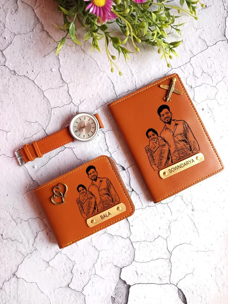 Personalized Sketch Mini Combo Gift Set | Custom Wallet, Passport Cover & Watch | Name Tag & Charm Included thumbnail 1