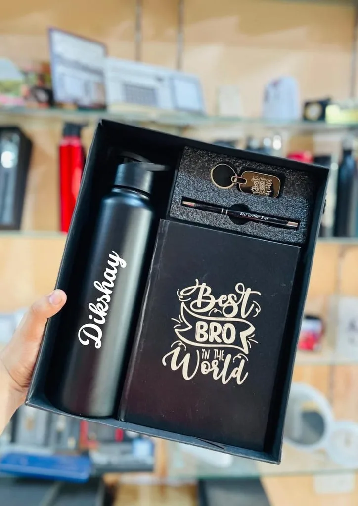 4 in 1 Premium Corporate Gift Set | 1000ml Steel Bottle + Metal Pen + Double Side Printed Keychain + A5 Diary | Gift Box Packing thumbnail 1