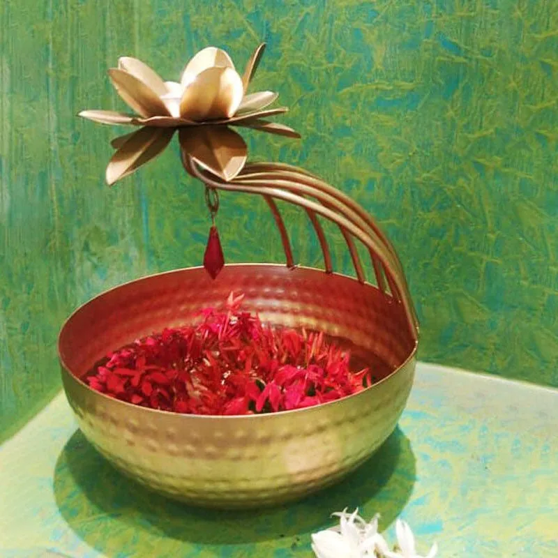 Metal Lotus Tealight Candle Holder with Base of Urli Bowl thumbnail 1