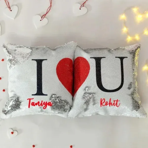Personalized Sequin Cushion Set – "I ♥ U" (Pack of 2) thumbnail 1