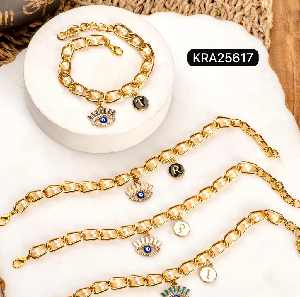 Trendy Metal & Pearl Personalised Bracelet with Evil Eye Charm thumbnail 1