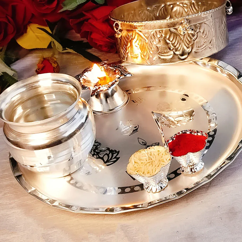 Karwa Chauth & Teej Puja Combo Set – German Silver | 5-in-1 Premium Puja Thali Set thumbnail 1