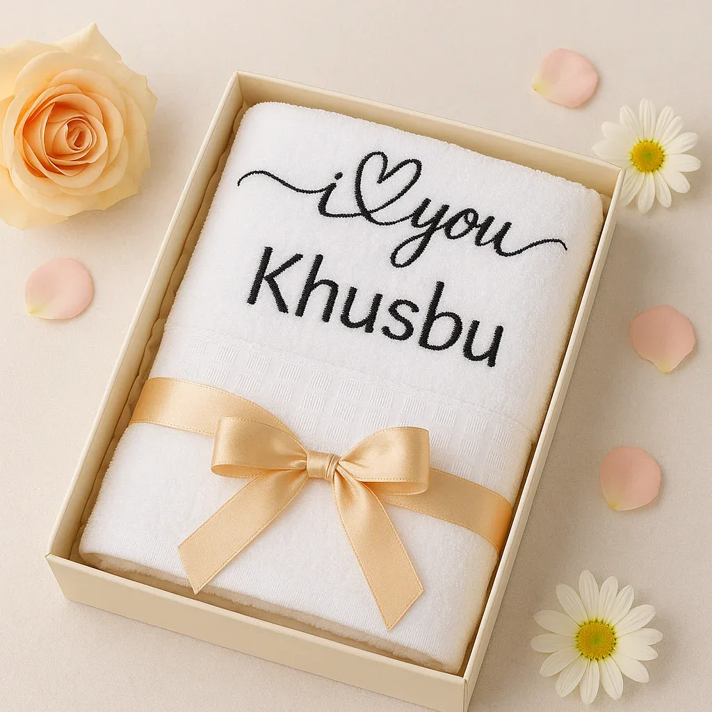 Personalised 100% Cotton White Towel with Custom Name Embroidery – Soft & Absorbent Bath Towel thumbnail 1