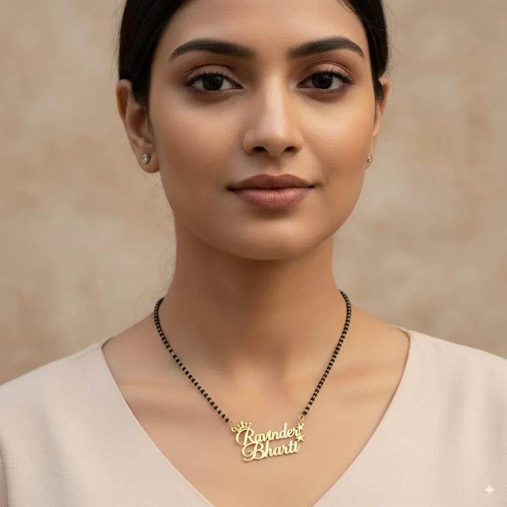 Couple Name Custom Mangalsutra with Star & Crown Design – Personalized Gold Plated Jewelry thumbnail 1