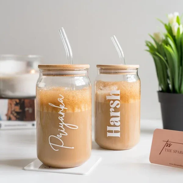 Personalized Can Glass Sipper with Wooden Lid & Straw thumbnail 1