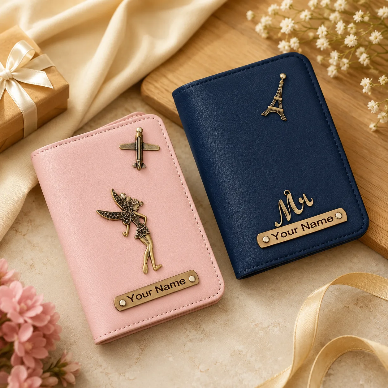 Personalized Passport Holder with Charms – For Couples thumbnail 1