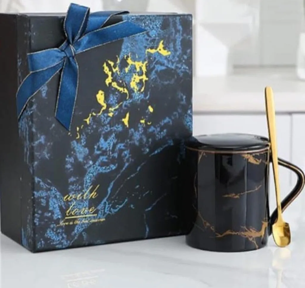 Black Thunder Effect Ceramic Coffee Mug with lid and Spoon