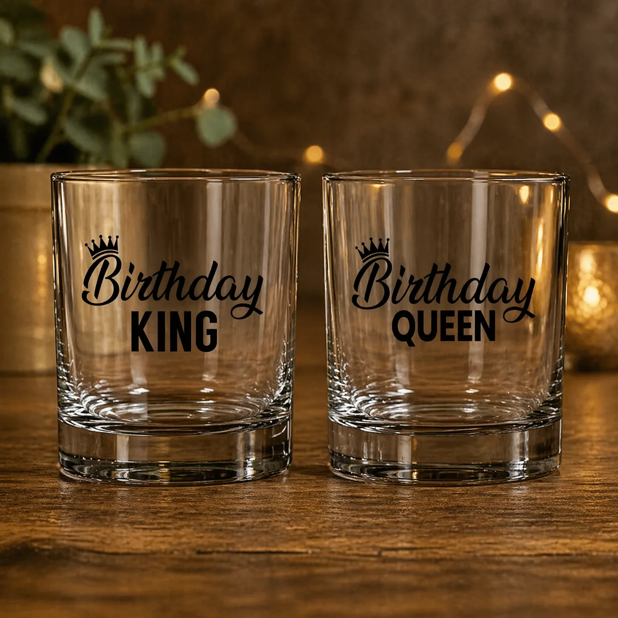 Birthday King & Queen Printed Whiskey Glasses (300 ml) | Premium Transparent Drinkware | Royal Couple Gift Set for Him & Her
