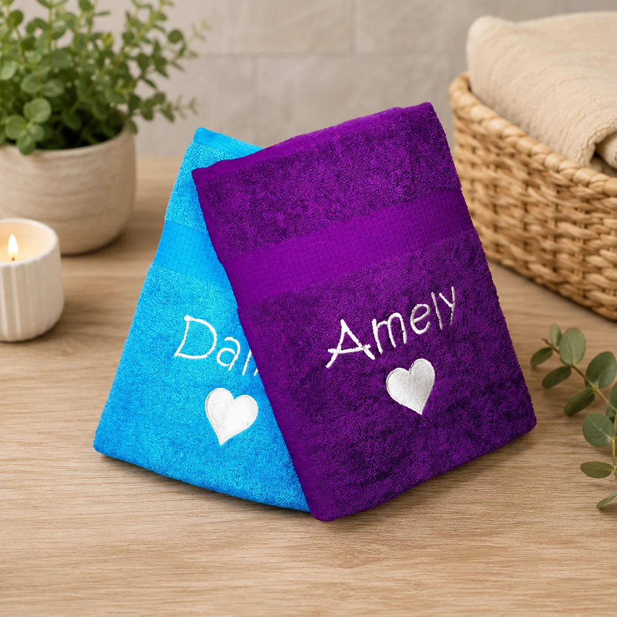Personalized Embroidered Bath Towels Set of 2 | Custom Name Towels with Heart Design