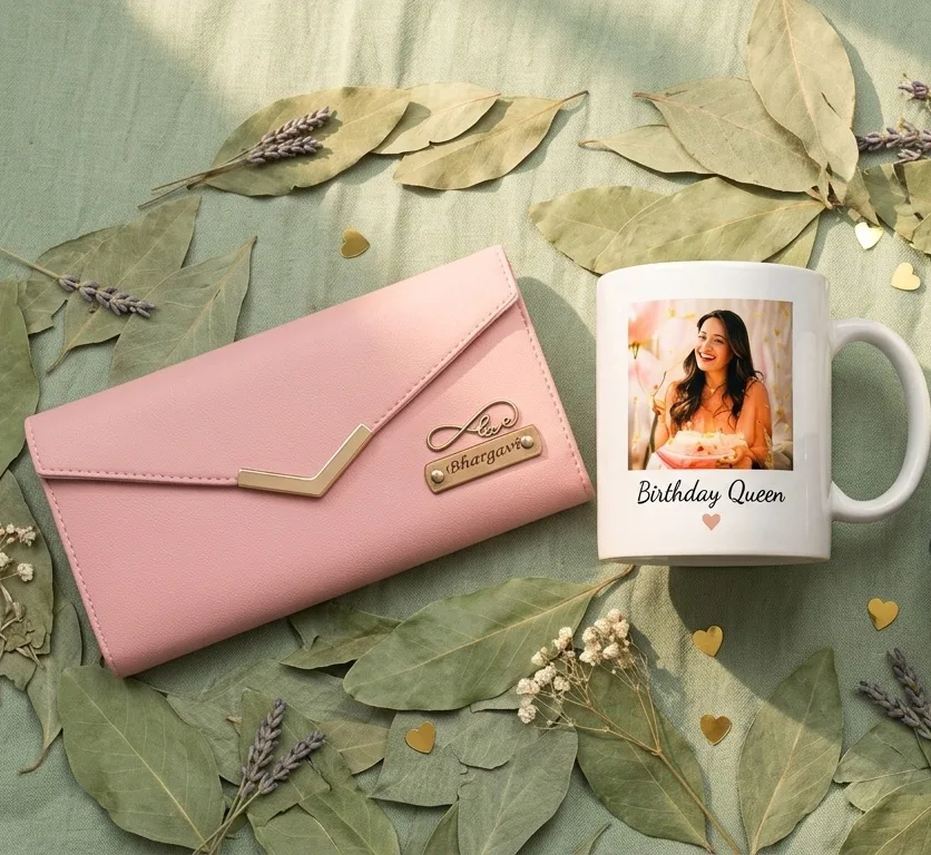 Custom Name Clutch Wallet & Personalised Photo Mug Gift Combo